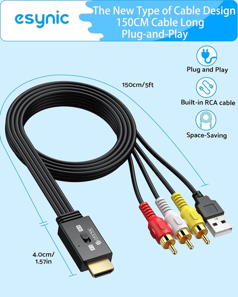 eSynic RCA to HDMI Cable Converter 3D 1080P@60Hz–1.5M/5FT Long AV Cable to HDMI Adapter-Plug & Play With 4:3/16:9 Aspect Ratio Switch Support NTSC/PAL for VCR/DVD/VHS to Modern TV [Not Bi-Directional] - Image 4